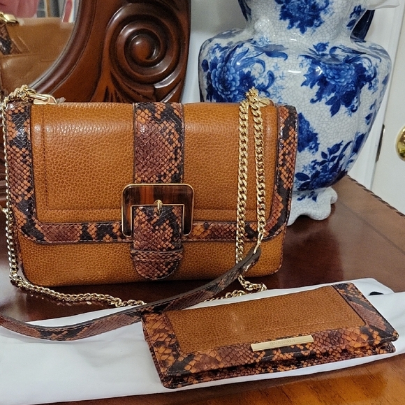 Brahmin Rosa Tan and Brown Crossbody Bag with Gold Chain Matching Wallet.